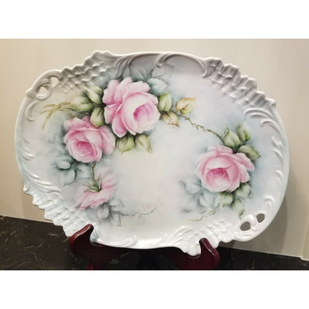 Vintage Bavaria Hand Painted Serving Platter w Roses Signed 12"x 8.75"